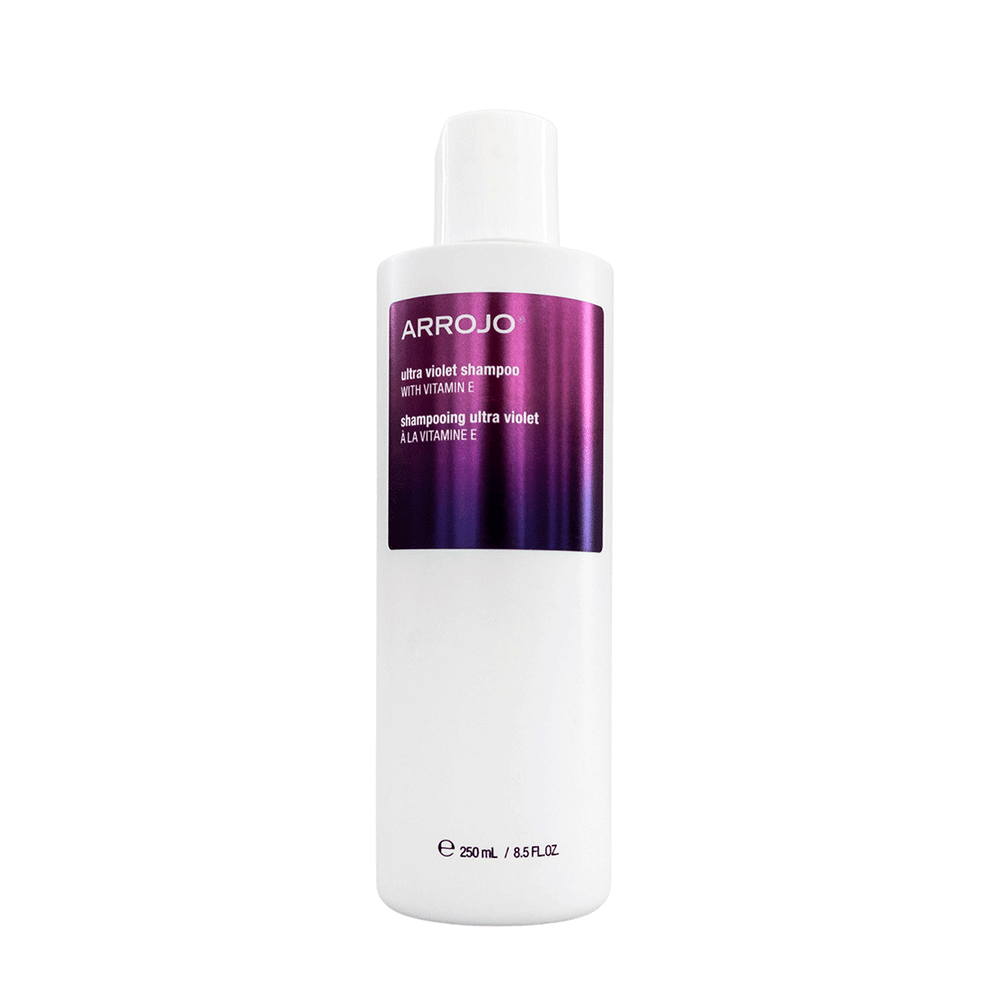 A bottle of Arrojo Ultra Violet Shampoo with a pink and purple label