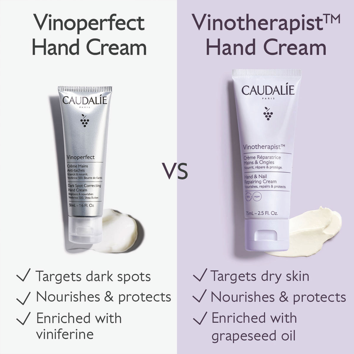 Two bottles of Caudélé hand cream with text comparing 'Vinoperfect' and 'Vinotherapist' on a light purple background.