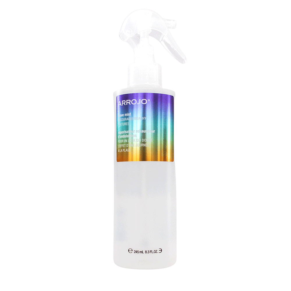 A spray bottle of ARROJO Wave Mist hair product with a multicolored label and a white body.