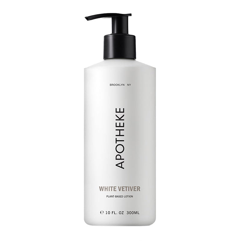 A white pump bottle labeled 'Apotheke White Vetiver' indicating a plant-based lotion.